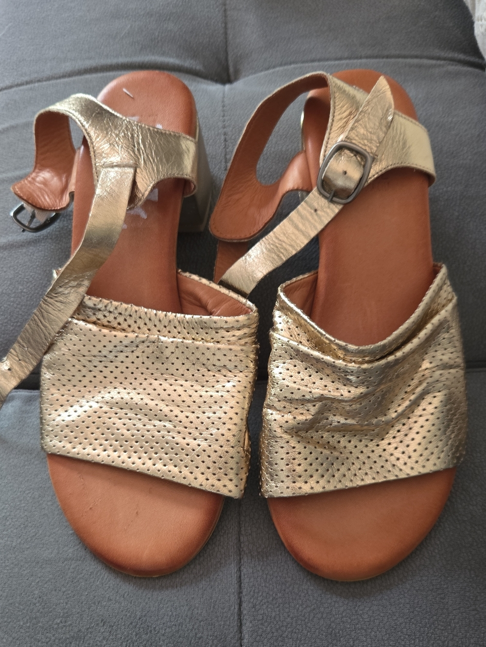 Miz Mooz Metallic Gold Perforated Leather Ankle-Strap Sandals